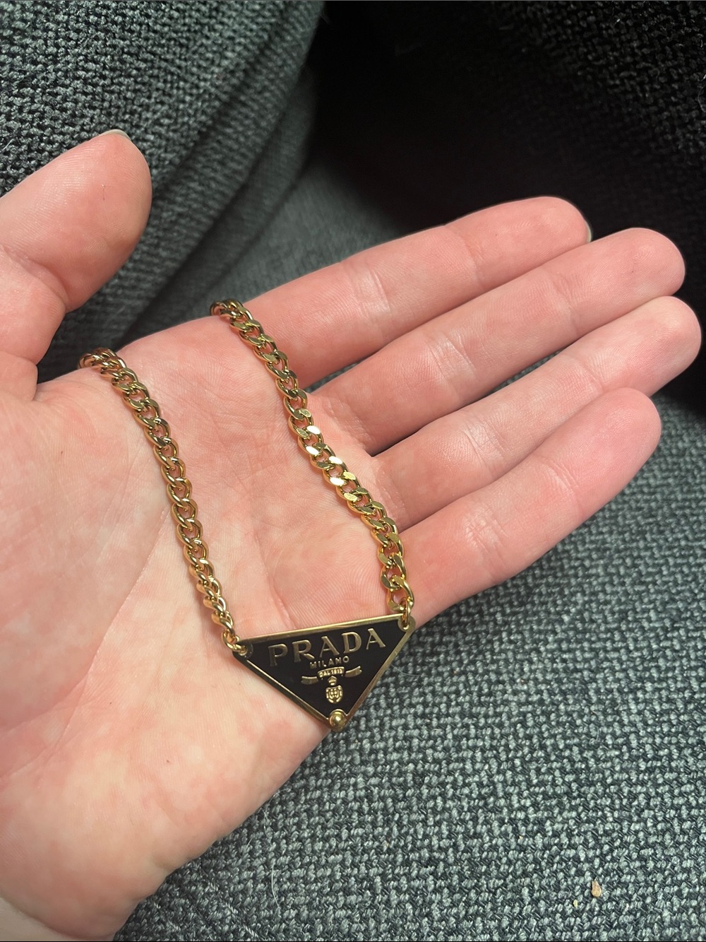 Upcycled Prada Black Enamel Triangle Logo Necklace with Gold Chain
